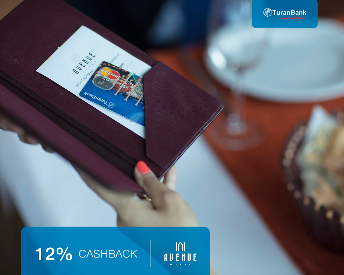 TuranBank's tweet photo. TuranBankın plastik kartları ilə Avenue Hotel &amp; Restaurant-da ödəniş edin və xərclədiyiniz vəsaitin 12%-ni kartınıza geri alın! 

Əlavə məlumatı bankın rəsmi saytından (https://t.co/vUEfF5APQ4) və ya 935 nömrəli məlumat mərkəzindən əldə edə bilərsiniz. https://t.co/LuWWKrM6pN