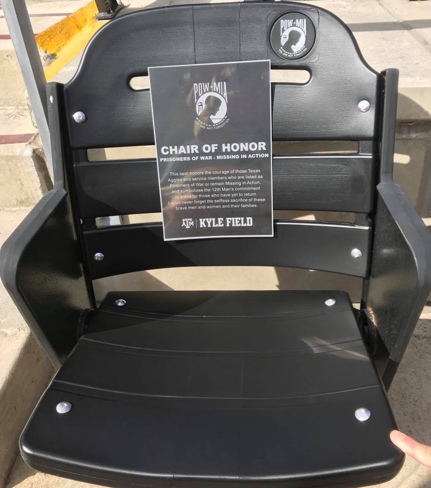TAMUCommandant's tweet photo. Proud to see the new "POW-MIA Chair of Honor" in Kyle Field. A solemn tribute to all who endured captivity or are still unaccounted for in our nation's wars. As the son of a former POW, I'm proud of my university for doing this. Lest we forget.@TAMU @AggieCorps @12thMan @AggieVP https://t.co/7Pwfg0Y1om