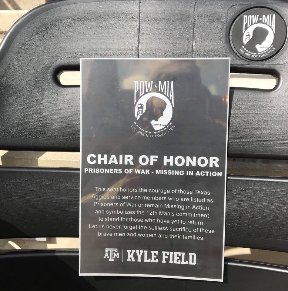 TAMUCommandant's tweet photo. Proud to see the new "POW-MIA Chair of Honor" in Kyle Field. A solemn tribute to all who endured captivity or are still unaccounted for in our nation's wars. As the son of a former POW, I'm proud of my university for doing this. Lest we forget.@TAMU @AggieCorps @12thMan @AggieVP https://t.co/7Pwfg0Y1om