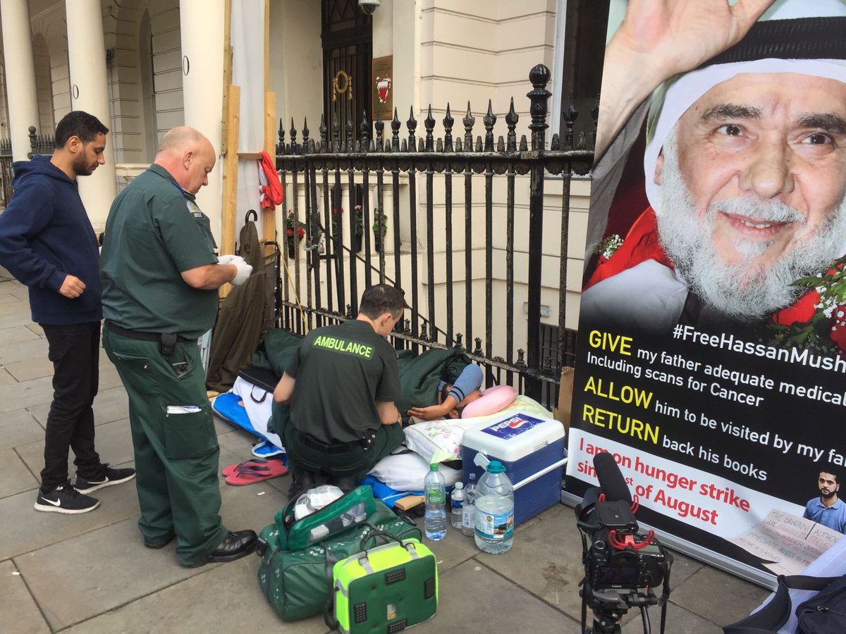 BREAKING: after 30 days of hunger strike <a href="/AMushaima/">Ali Mushaima</a> has been hospitalized after his blood sugar level plummeted &amp; was unwell.

9.30 pm tonight at #Bahrain's Embassy for a candlelight vigil &amp; recitation of Dua Kumail.

 #FreeHassanMushaima