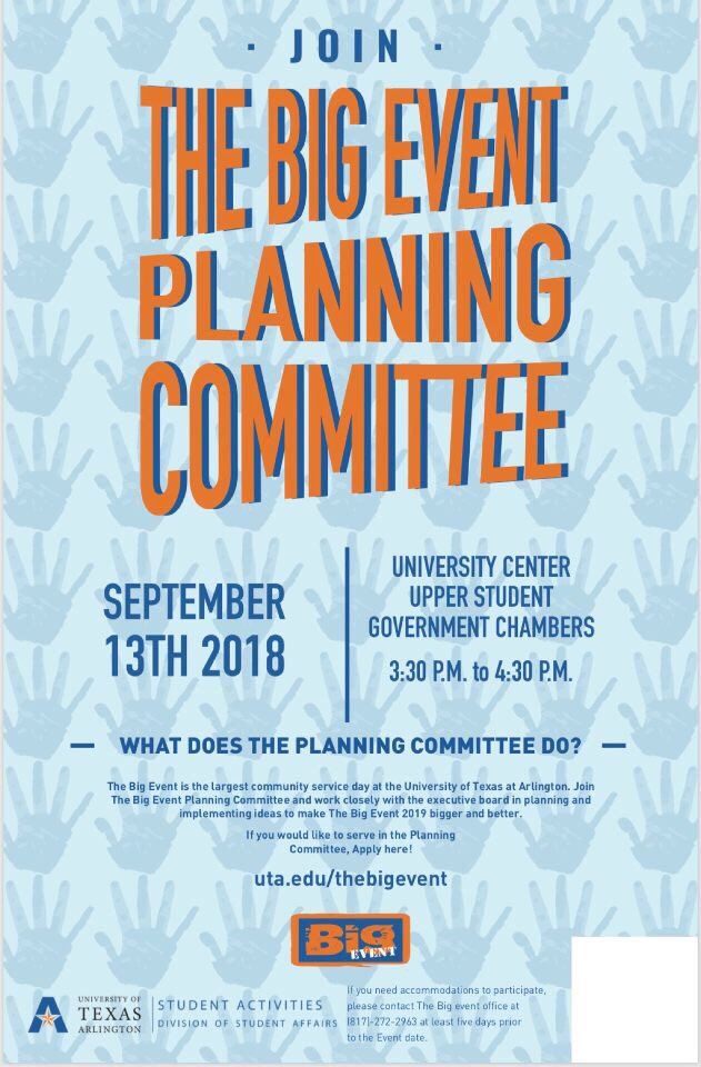 UTAbigevent's tweet photo. Want to get more involved with The Big Event? Here’s an opportunity for you!
Use this link to sign up for TBE’s planning committee: https://t.co/3W1I8HCTEF https://t.co/aySRqWoMQ5