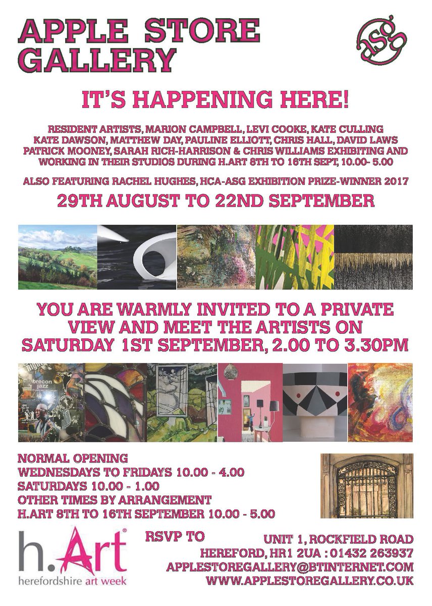 AppleStoreGall's tweet photo. https://t.co/H05ZdoesOJ is fast approaching and our exhibition 'It's Happening Here!' is now open at Apple Store Gallery in Hereford #AppleStoreGall and you are invited to come along and meet the artists this Saturday, 1st September, 2 to 3.30pm. https://t.co/EiwnRxtgsy