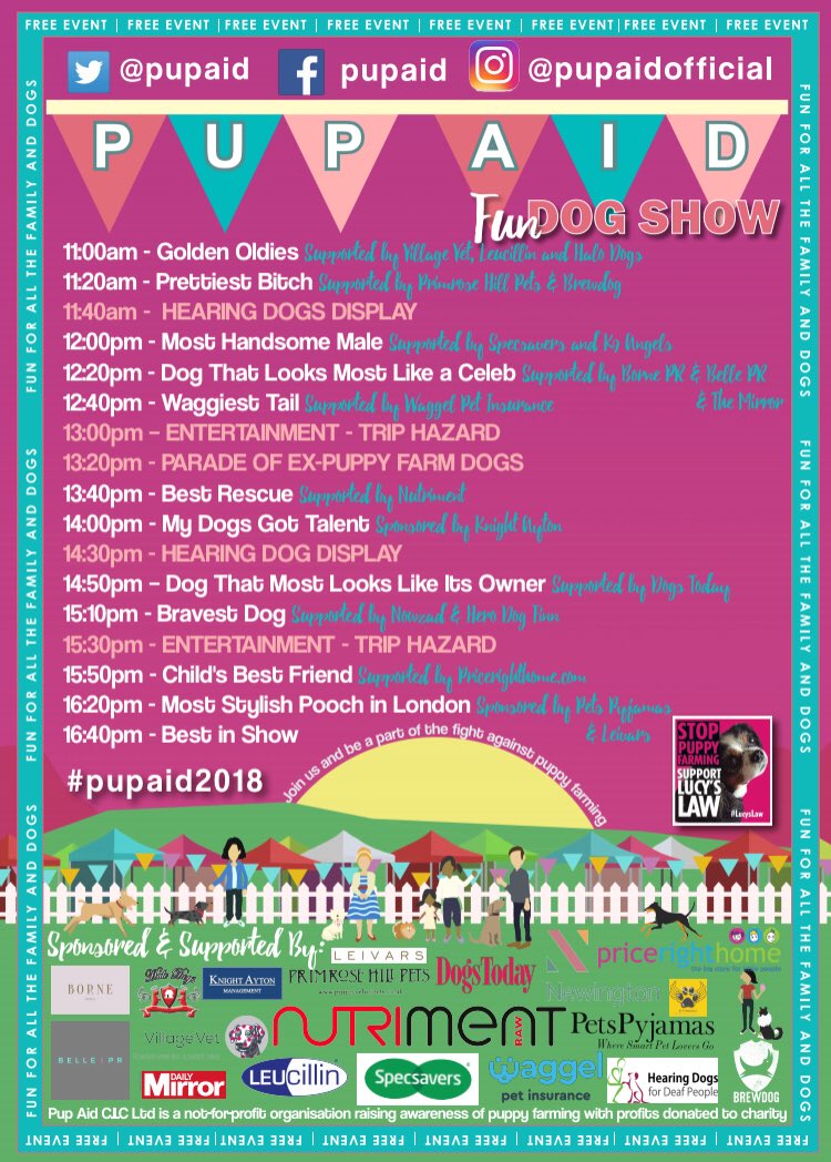 pupaid's tweet photo. List of dog show classes for #pupaid2018! Registration opens at 10am with first class ‘Golden Oldies’ at 11am. We recommend you arrive early to make sure your dog is booked in :) #LucysLaw #wheresmum #adopt #PrimroseHill #London #DogsofTwitter https://t.co/HZblfPyFpo