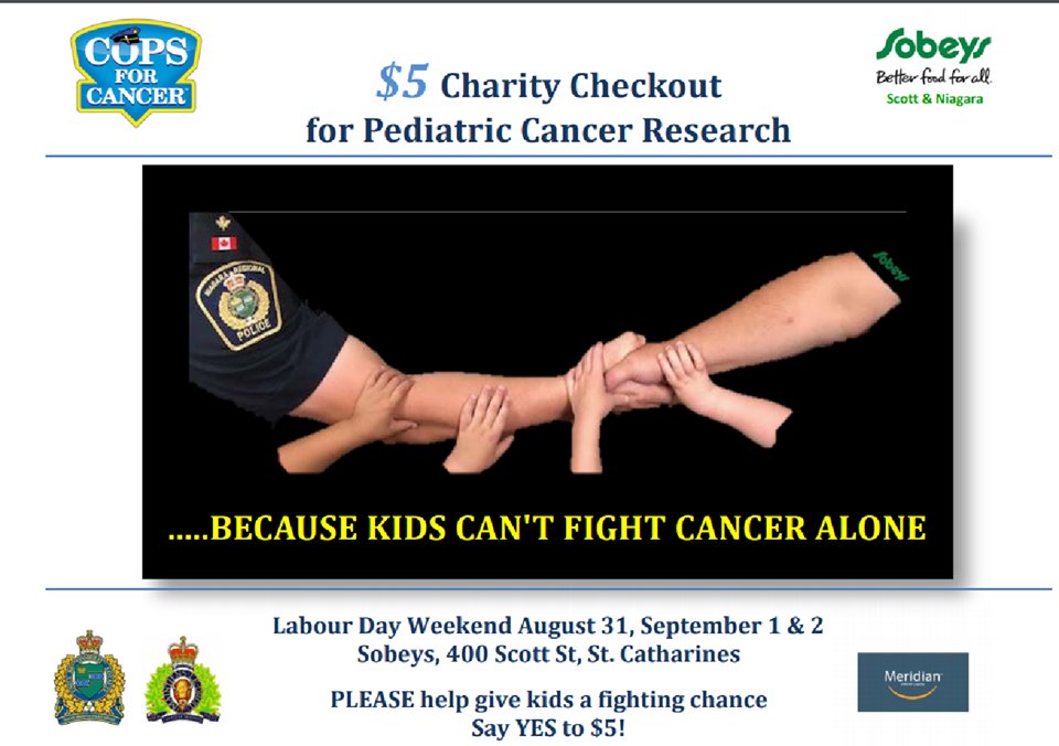 tourdegh's tweet photo. Join Tour de Golden Horseshoe Riders and Uniformed Officers this Labour Day Weekend at Sobeys​ at Niagara and Scott Street in St. Catharines as they fundraise for pediatric cancer research. Make a difference by visiting Sobeys and donating $5 at the checkout. https://t.co/fXSLq5vy4u
