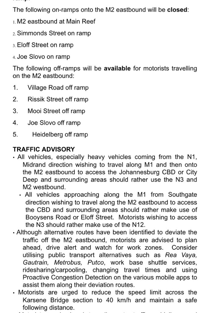 CityofJoburgZA's tweet photo. The following on-ramps on to M2 will be closed #M2bridge https://t.co/3iGfNkf0vL