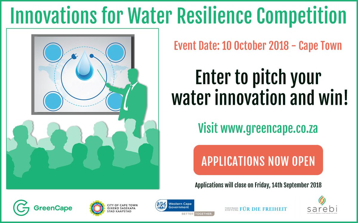 Do you have an inspiring water-related innovation? Join us and <a href="/FNFreiheit/">Friedrich-Naumann-Stiftung für die Freiheit</a> for a "shark tank-style" pitching competition taking place in October and stand a chance to win! Application and RSVP forms are now open. More information is available here: greencape.co.za/water-innovati…