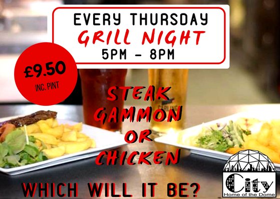 Citybarswansea's tweet photo. #GrillNight
Come and join us this Thursday for Grill Night.

For just £9.50 you have the option to tuck into either:

- 10oz Rump Steak
- 12oz Horseshoe Gammon Steak 
- Or a Succulent Chicken Breast

&amp; a Pint 🍻

#BargainDeals #CityBarSwansea https://t.co/DXugiIVJlI