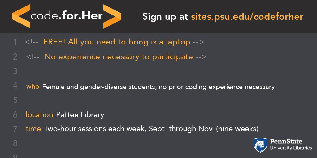 psulibs's tweet image. Female and gender-diverse students, join us in Pattee Library for a FREE 9-week beginner coding workshop to learn the basics of web development and programming in 3 languages. Workshop begins in Sept.
Interested? Sign up at sites.psu.edu/codeforher #CodeForHer #womenintech
