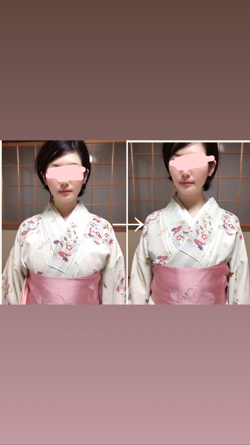 すなお 簡単すぎ 華奢にみせる究極のテク 着物を着ると上半身がガッシリ見える 首が短いのがイヤ そんな人に試してほしい 襦袢の袖をひっぱり首の横に空間をつくる 着物の衿を広めに折る この2つを意識するだけで 肩幅はせまく 首は長く