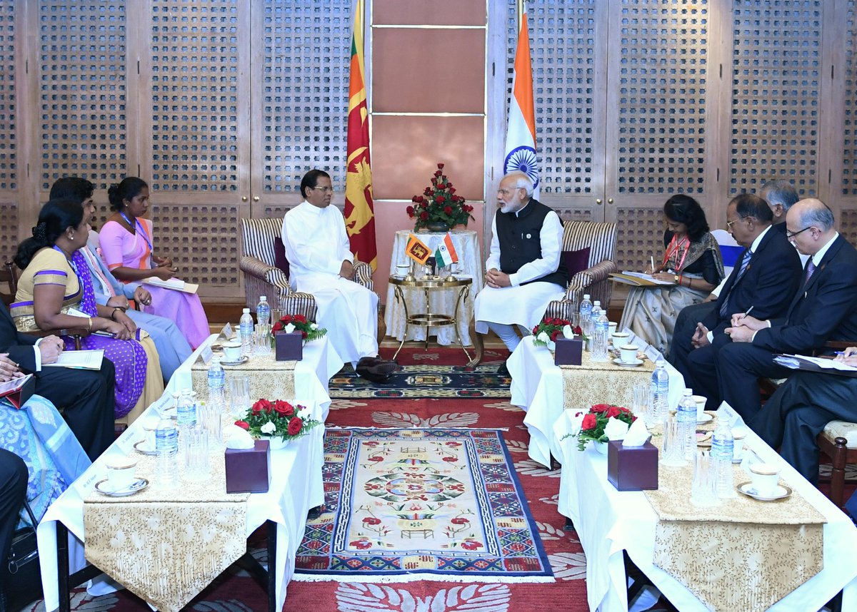 narendramodi's tweet photo. Delighted to meet President @MaithripalaS. We had extensive deliberations on various aspects of India-Sri Lanka friendship. https://t.co/7rIgrAire9