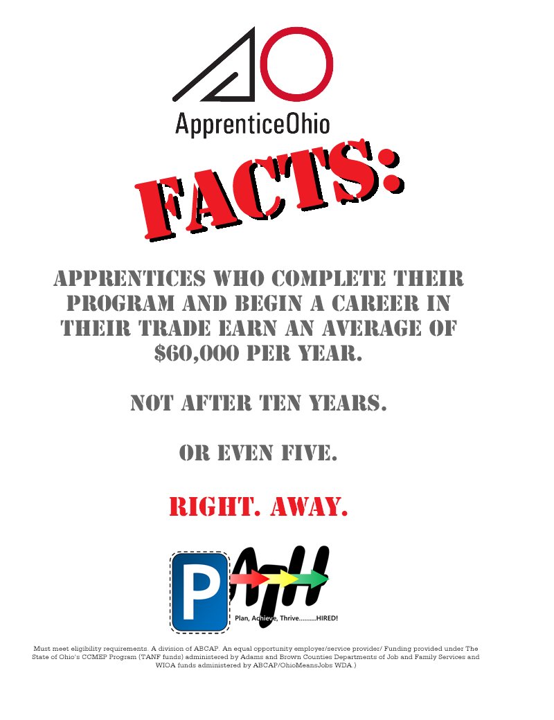 PATH_OMJAB's tweet photo. ApprenticeOhio is pretty simple: you earn while you learn. Contact a PATH location to learn more about how you can take advantage of this incredible program.

#OhioMeansJobs #BrownCounty #AdamsCounty #Ohio https://t.co/QPyqGtJXgf
