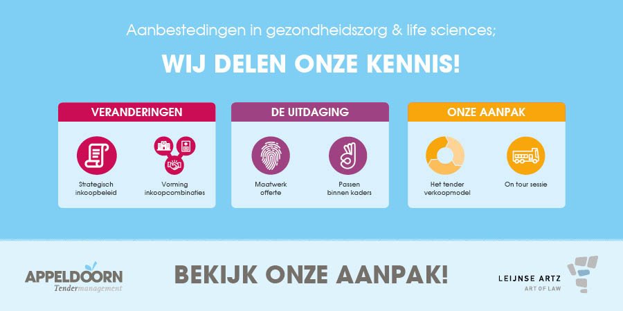 AppeldoornTM's tweet photo. Appeldoorn Tendermanagement en Leijnse Artz gaan samen On Tour! 
Hoe onderscheidend is jóuw organisatie in offertes en inschrijvingen op (Europese) aanbestedingen binnen de gezondheidszorg &amp; life sciences? 
Reserveer alvast een datum voor jouw (bid)team! https://t.co/vlzkjcRrvH https://t.co/NVDREpHM07