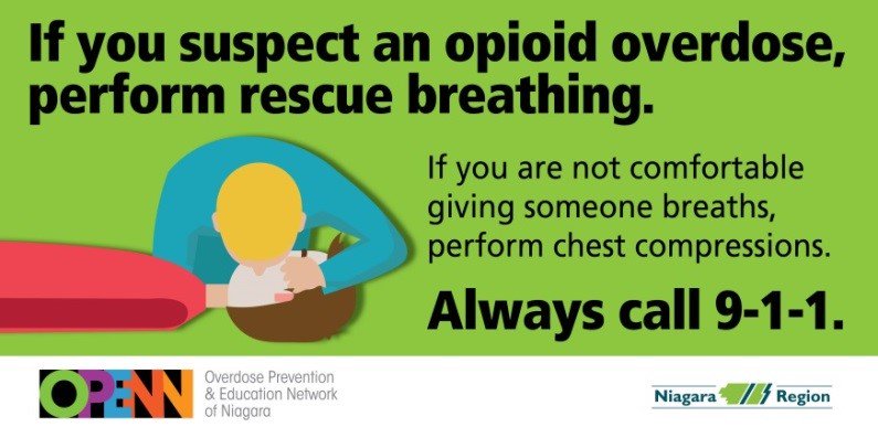 Breathing barriers are now available in all Naloxone kits. Tilt the person’s head back and pinch their nostrils closed while you give breaths. #OPENNiagara #EndODNiagara