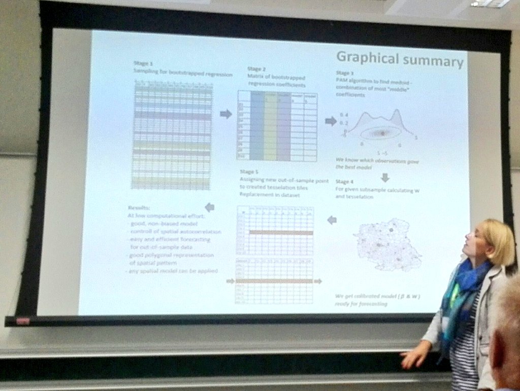 ZBednarowska's tweet image. A breathtaking presentation on the novel methodology of bootstrapping and tesselation proposed by Katarzyna Kopczewska. A graphical overview that helps to understand the complexity of the method on the slide below. #spatialeconometrics #ersacork18