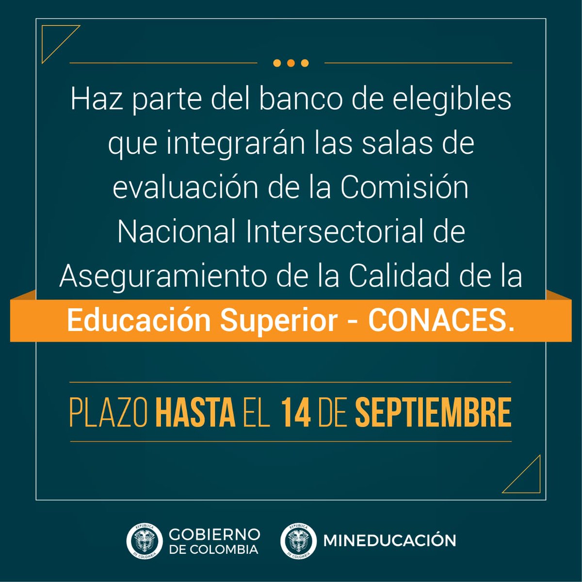 Tienes plazo hasta el 14 de septiembre para participar en la convocatoria para conformar el banco de elegibles que integrarán las salas de evaluación de la Comisión Nacional Intersectorial de Aseguramiento de la Calidad de la Educación Superior–CONACES 👉 goo.gl/C1trLV