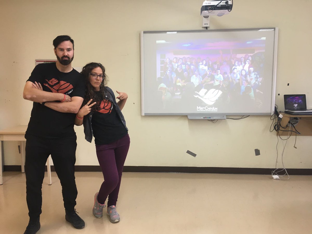 Sabrina from our team, and Jamie a teacher at Luke Mettaweskum School <a href="/Nemaska/">Nemaska 3</a> <a href="/CreeSchoolBoard/">Cree School Board</a> on tour promoting #mikwchiyam. So excited to see so many students already interested in the program! #art #arted #cree #creeschoolboard