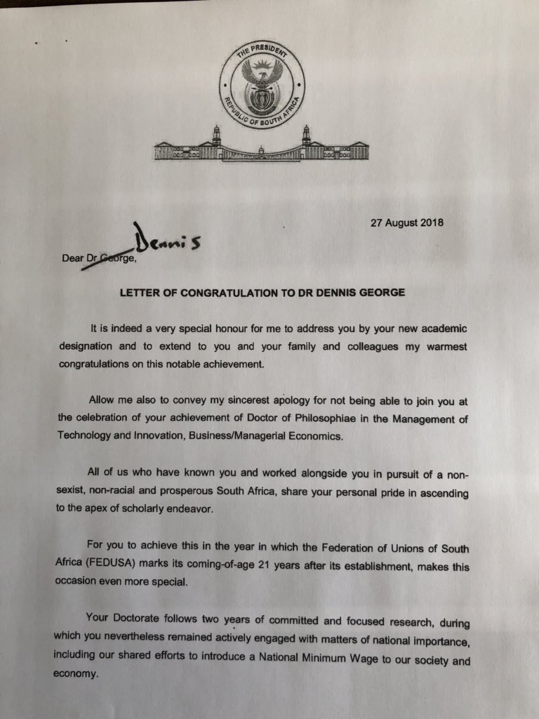 Dennis_G1's tweet photo. Thank you President @CyrilRamaphosa for your letter of Congratulations and Support @SABCTVNews @eNCA @TheCitizen_News @IOL @News24 @SAfmnews @ewnupdates @Radio702 @Powerfm987 @kayafm95dot9  @LeanneManas @SundayTimesZA @BDliveSA @MIStaffAss @Radio2000ZA @SAfmRadio @cnbcafrica https://t.co/a4NekCHtz1