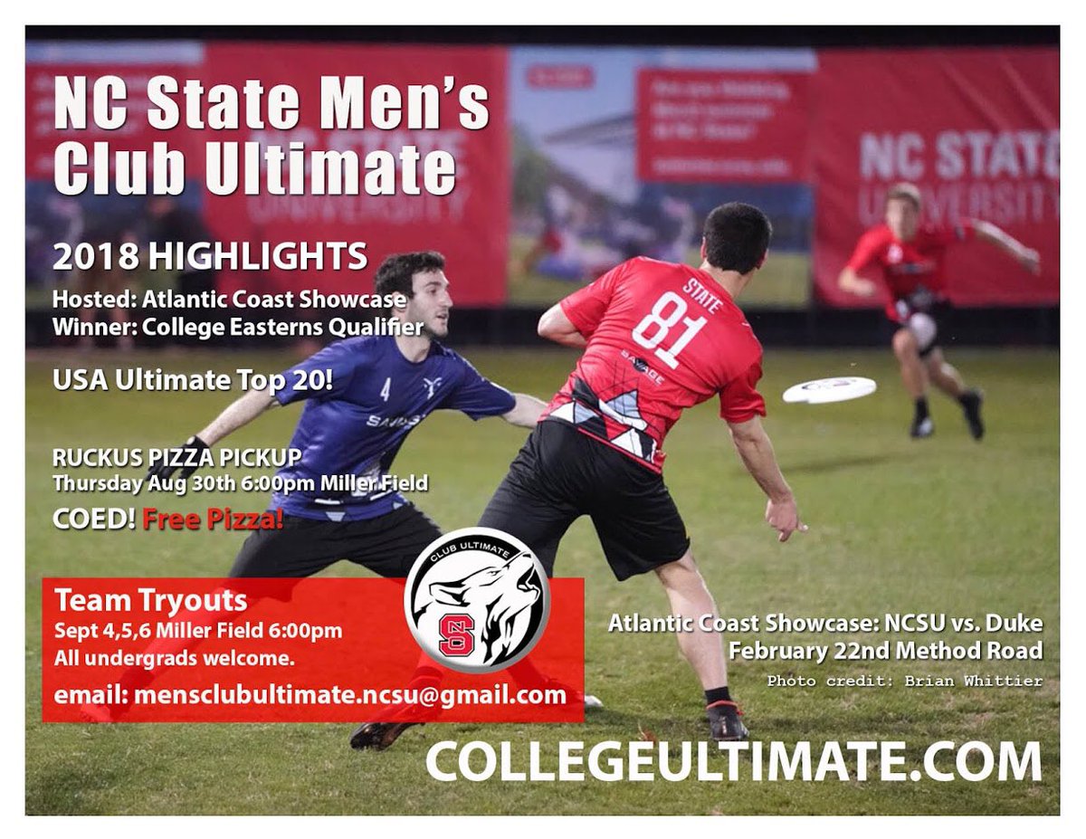 NCSUalpha's tweet image. Ultimate frisbee pickup tonight on Miller Field! Games start at 6:00pm. @RuckusPizza served at 8:15! @NCSUJagaMonsta will be there!