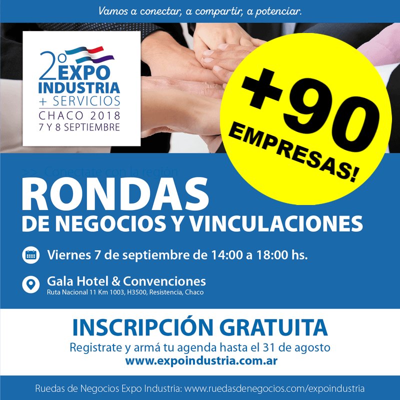 🤝 A falta de un día para el cierre del registro solo quedan disponibles 9 plazas del cupo de 100. ¡91 empresas ya se registraron para participar de la Ronda de Negocios y Vinculaciones de la 2ª #ExpoIndustriaChaco2018! 
👉 ruedasdenegocios.com/expoindustria/