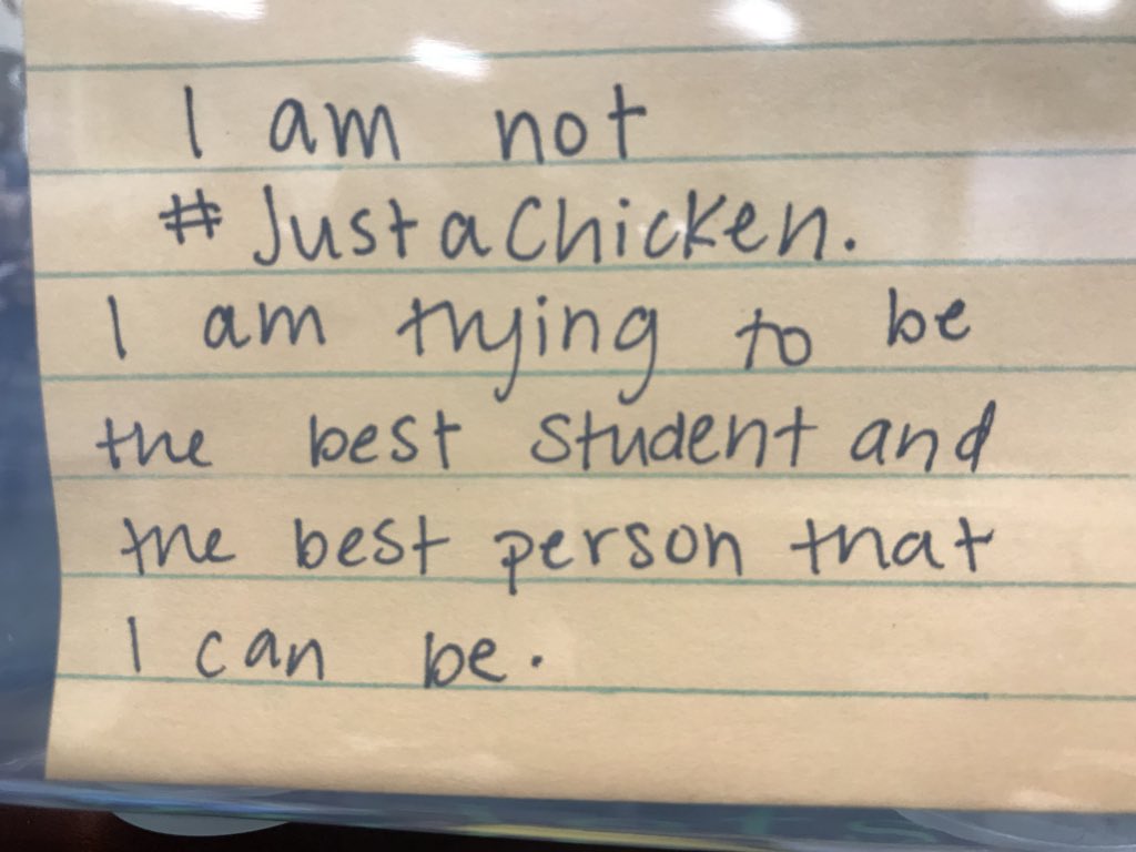 MrsJacksonDFHS's tweet photo. To go with the readaloud #justachicken, students finished the statement, βI thought I was #justachicken,but..β Their responses are amazing! #pridein5 #DFTeacherLife #CERRA https://t.co/6l0Xa5kTN2
