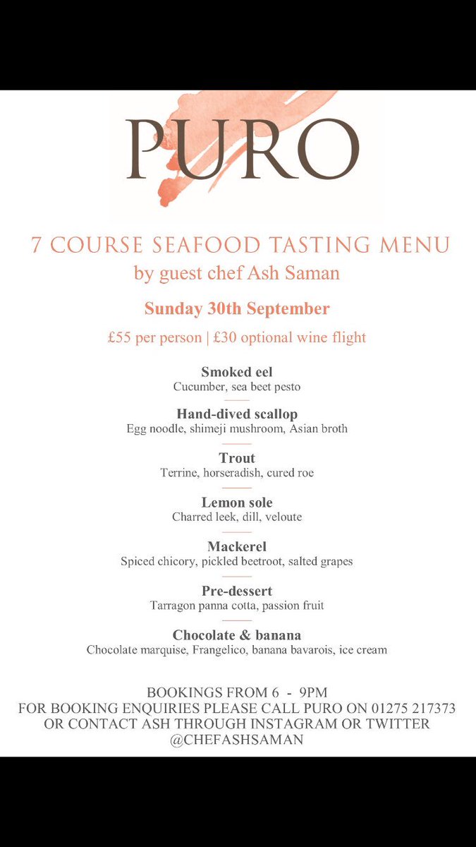 3 tables left for my seafood tasting 30th September <a href="/purorestaurant/">PURO</a> selling very fast... <a href="/CrumbsMag/">Crumbs Magazine</a> <a href="/chefcharlieh/">charlie hurrell</a> @recruitingchefs <a href="/ThePigGuide/">ThePrandialPlayground</a> @Wriggle_Bristol <a href="/bristol247/">Bristol24/7</a> <a href="/Bristol_Eats/">Bristol Eats</a>