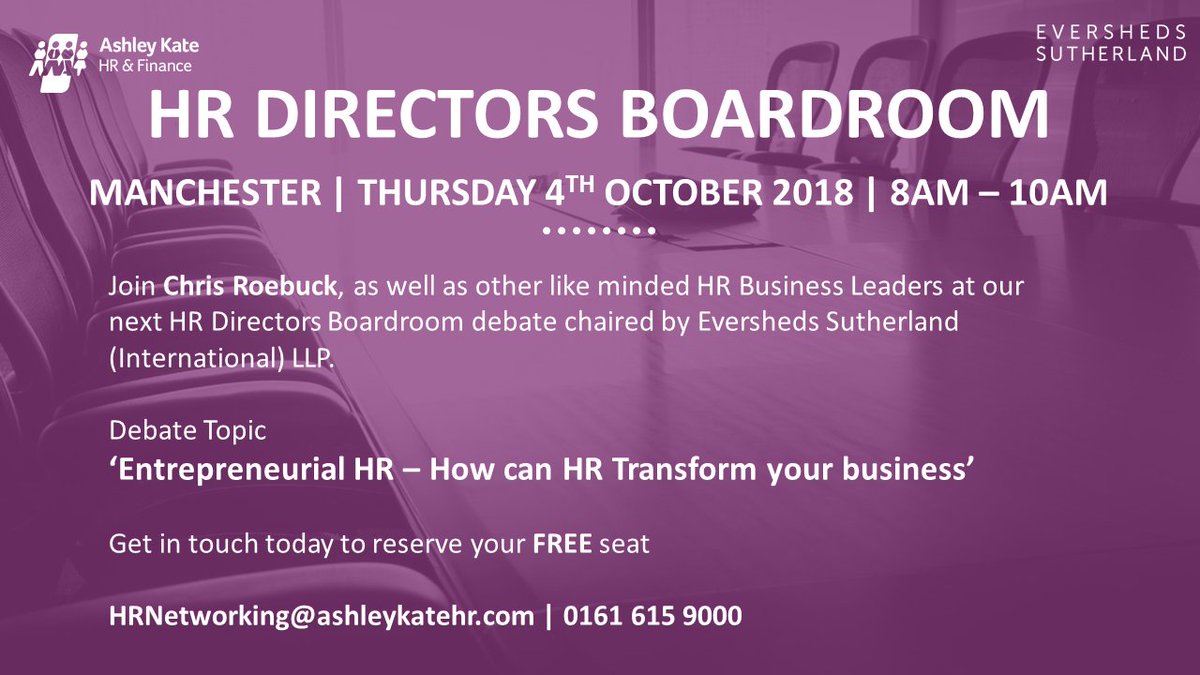 AshleyKateUK's tweet photo. There's just over a month until our #HR Directors Boardroom Event in #Manchester hosted by @ESgloballaw! Get in touch with us today to reserve your FREE seat!
#HRDB #HREvents #AshleyKateUK #HumanResources https://t.co/xzdlpqjCCR