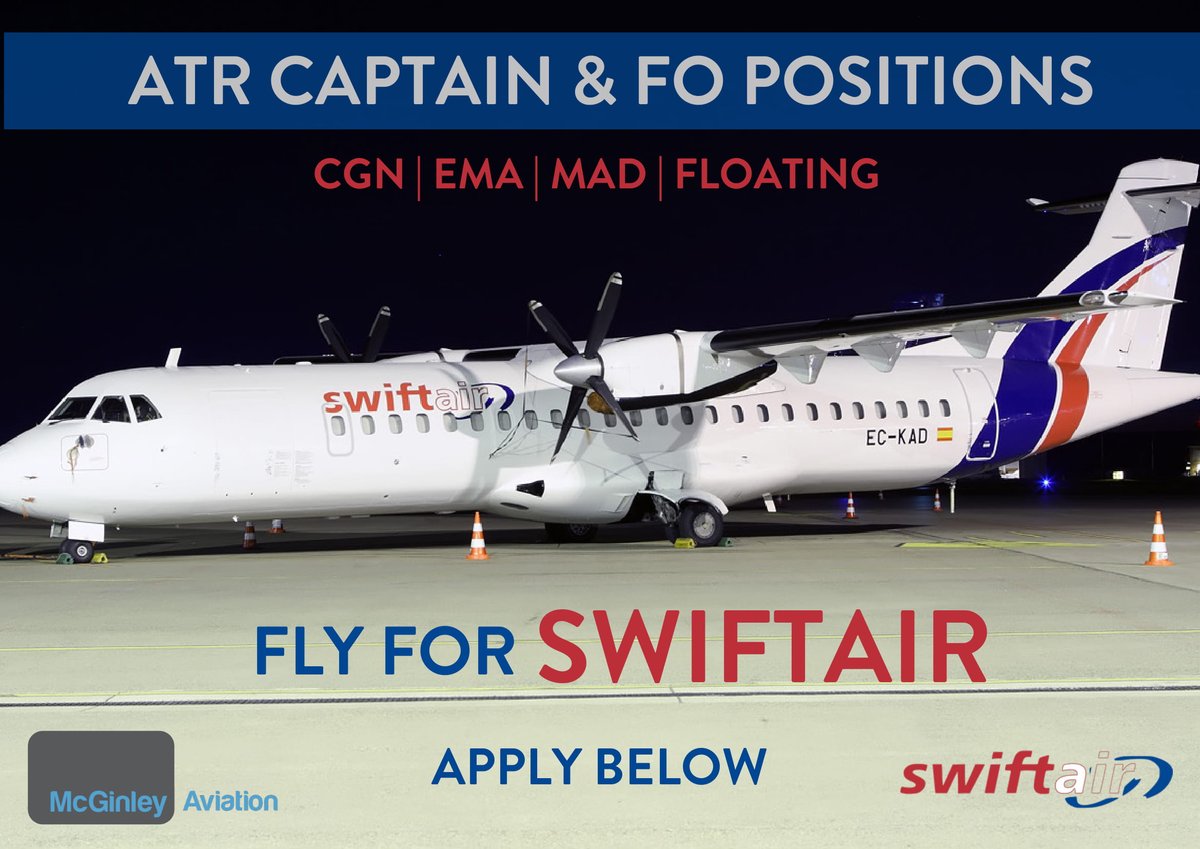 intlMCG's tweet photo. ✈️ Calling all #ATR #Pilots! ✈️ Positions available with Swiftair ✈️ bases at #CGN | #EMA | #MAD and Floating!
Get in touch now for more information.........
hollie.clark@mcginleyaviation.com #aviationjobs #aviation #atrpilot #captains #firstofficers #aviationrecruitment https://t.co/3zAywEEK5P