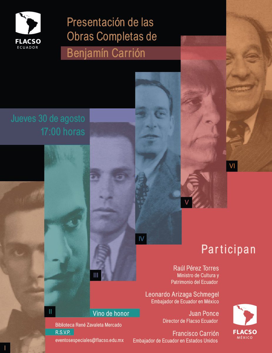 FlacsoMx's tweet photo. Hoy a las 17:00 tendremos la presentación de los seis volúmenes de la Obra Escrita de Benjamín Carrión 1928-1977. Entrada libre. https://t.co/I8zI9HKP44 https://t.co/BDasKRKJLh