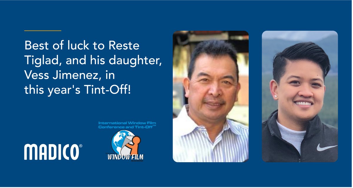 MadicoInc's tweet photo. Attending #WFCT2018? Come cheer on Madico-sponsored Reste Tiglad, and his daughter, Vess Jimenez, of Extreme Tint & Polish in Santa Clara, Calif., in the Tint-Off! See you there! 👉 https://t.co/LSnUvqItID @windowfilmmag #windowfilm #dadanddaughter https://t.co/7uJ31bwnXE