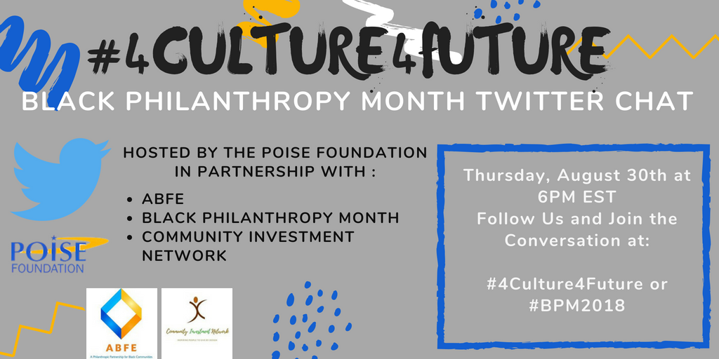 Join us TODAY on Twitter (@ABFE) at 6PM (ET) along with @POISEFOUNDATION @communitynetwrk @ValaidaF and @BlkBenefactors as we chat about the future of Black Philanthropy #BPM2018 #ABFE