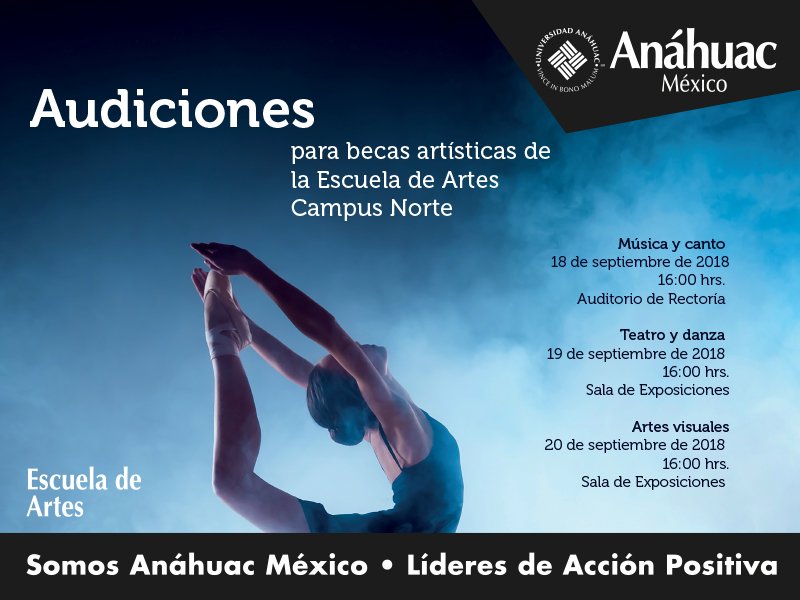 ArtesAnahuac's tweet photo. ¿Quieres estudiar en la Universidad Anáhuac México Campus Norte? 
¡Tu talento artístico te puede dar una beca! Audiciona este próximo 18, 19 y 20 de septiembre. 
#SomosAnáhuac #FormamosArtistas https://t.co/j8xdOzc3SE