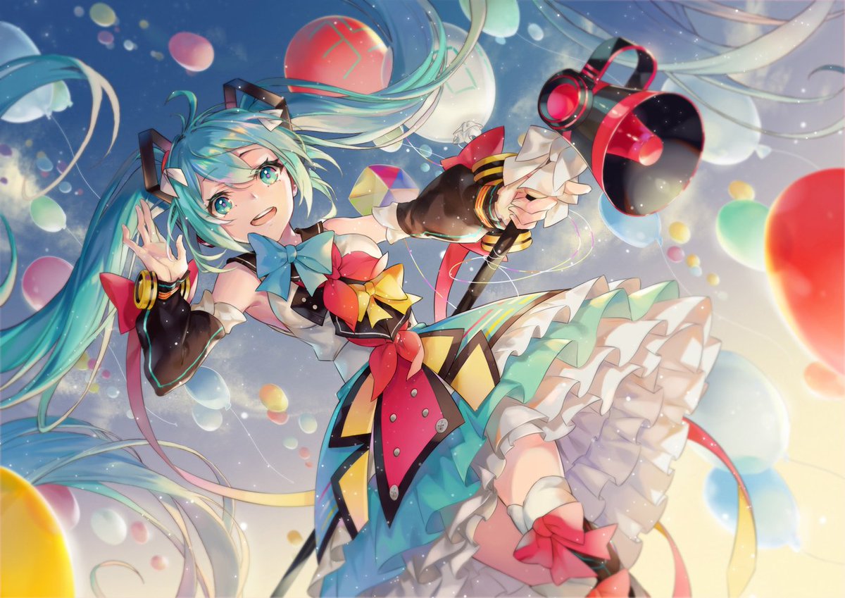 hatsune miku ,magical mirai miku 1girl balloon solo long hair megaphone twintails detached sleeves  illustration images