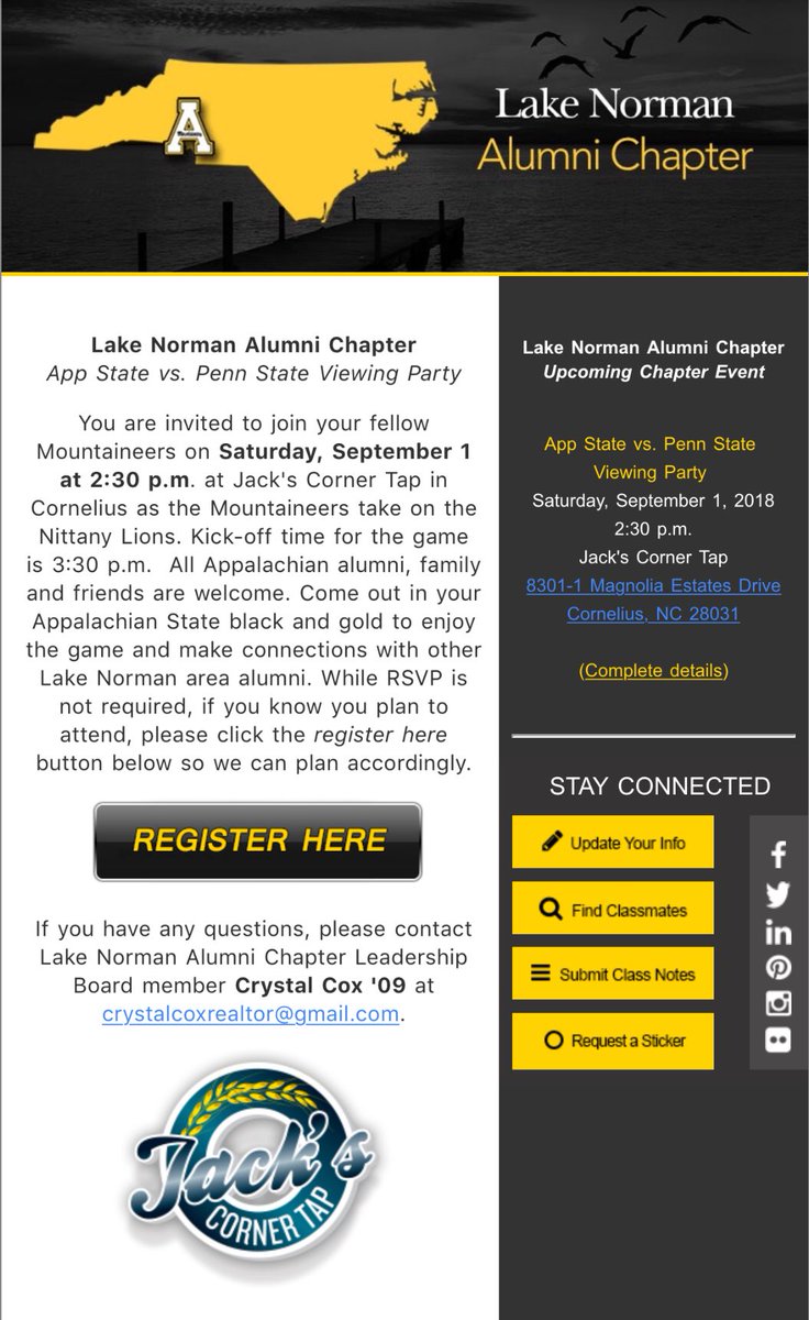 LKN App State Alums (@lknappstate) on Twitter photo WHAT: <a href="/AppState_FB/">App State Football</a> vs. <a href="/PennStateFball/">Penn State Football</a> Watch Party π
WHEN: 9/1 @ 2:30 (kickoff 3:30) π
WHERE: <a href="/JacksCornerTap/">Jack</a> πππ»
DEETS β‘οΈ $4 <a href="/AMBrewery/">Appalachian Mountain Brewery and Cidery</a> $2 Mimosas $4 Bloody Marys and additional food and drink specials.
Join fellow #LKN <a href="/AppAlumni/">Appalachian Alumni</a> for fun and to cheer on the Apps! WHAT: <a href="/AppState_FB/">App State Football</a> vs. <a href="/PennStateFball/">Penn State Football</a> Watch Party π
WHEN: 9/1 @ 2:30 (kickoff 3:30) π
WHERE: <a href="/JacksCornerTap/">Jack</a> πππ»
DEETS β‘οΈ $4 <a href="/AMBrewery/">Appalachian Mountain Brewery and Cidery</a> $2 Mimosas $4 Bloody Marys and additional food and drink specials.
Join fellow #LKN <a href="/AppAlumni/">Appalachian Alumni</a> for fun and to cheer on the Apps!