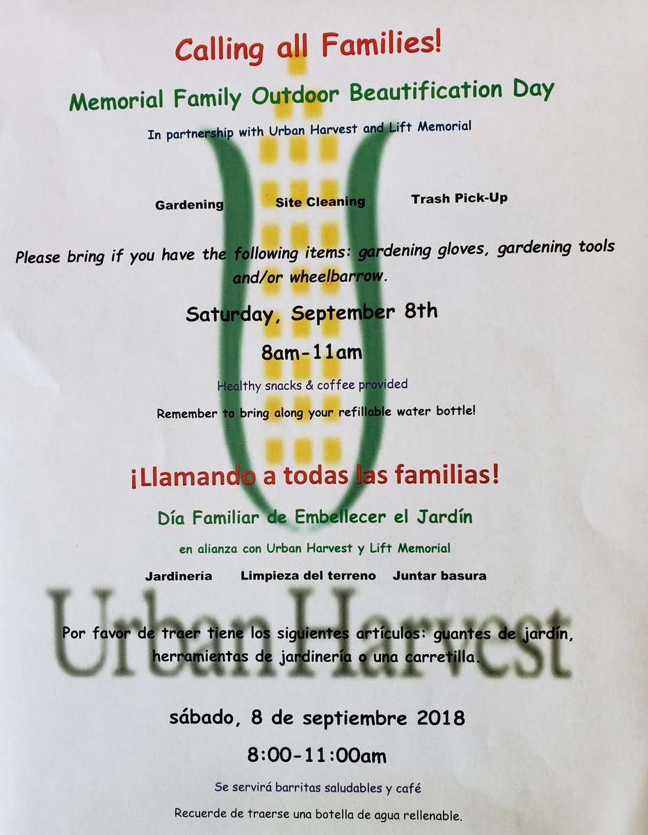 mtgarcia2010's tweet photo. Outdoor beautification day on Sep 8th Mark your calendar.  @MemorialElm @UrbanHarvest #MemorialES2018 https://t.co/Y1r5XZPDC6