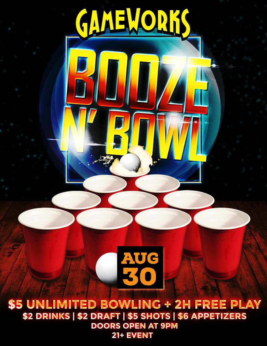 gameworkslv's tweet photo. Who's ready to party?! Catch us at the #BoozeNBowl tonight! We are located inside of @ShopTownSquare 

🎉 $5 Wristband: Unlimited bowling + 2-hour game card!
🍺🍕  $2 Draft &amp; Cocktails $5 Shots $6 Apps
😊 21+ Event! https://t.co/tuLrYjKVDl