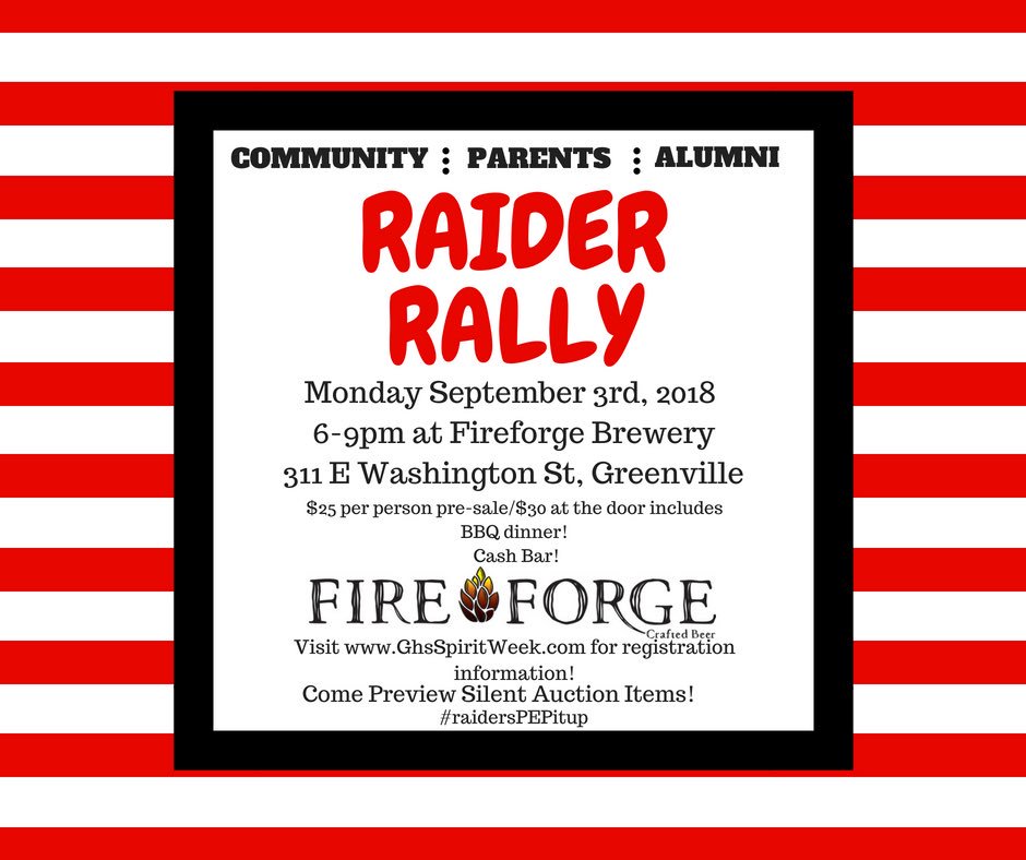 ghsspiritweek19's tweet photo. Parents, Alumni and Community! Join us at Fireforge Brewery to celebrate GHS Spirit Week and support our charity- Public Education Partners! 
You can also preview the silent auction!Can pre-buy tix starting Friday night on the website or buy at the door! #raidersPEPitup https://t.co/dOJYXT3nFY