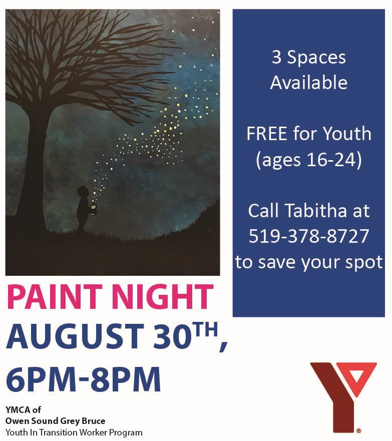 We have 3 spaces remaining for TONIGHT'S Paint Night. This event is FREE  for youth aged 16-24. If you're interested call Tabitha at 519-378-8727  ASAP. Event starts at 6pm in Owen Sound.