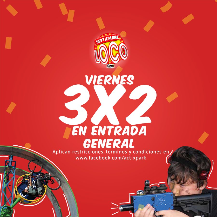 ActixPark's tweet photo. #Septiembreloco Actix park! Aprovecha el 3x2 en entrada general para todos los días VIERNES del mes de SEPTIEMBRE, juntate con tus amigos y diviértete, en el mejor parque de aventura de la ciudad 👦🏻 👧🏻 👩🏻🙌🏻 Informes al: 3 16 22 55 ☎️ https://t.co/CPsFfuOLGE