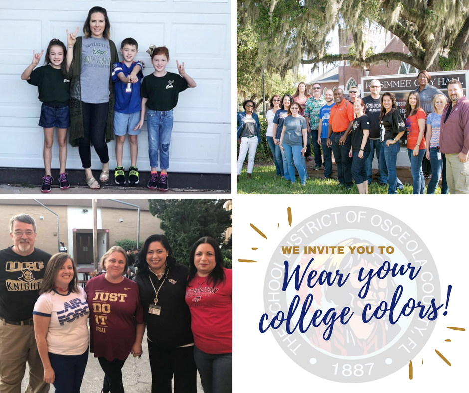 Do you live, work, or attend school in Osceola County? We invite you to help us send College Week 2018 out with a bang by wearing your college colors on Friday, August 31. #SDOCGoodtoGreat #collegeweek18 #nationalcollegecolorsday #collegecolorsday