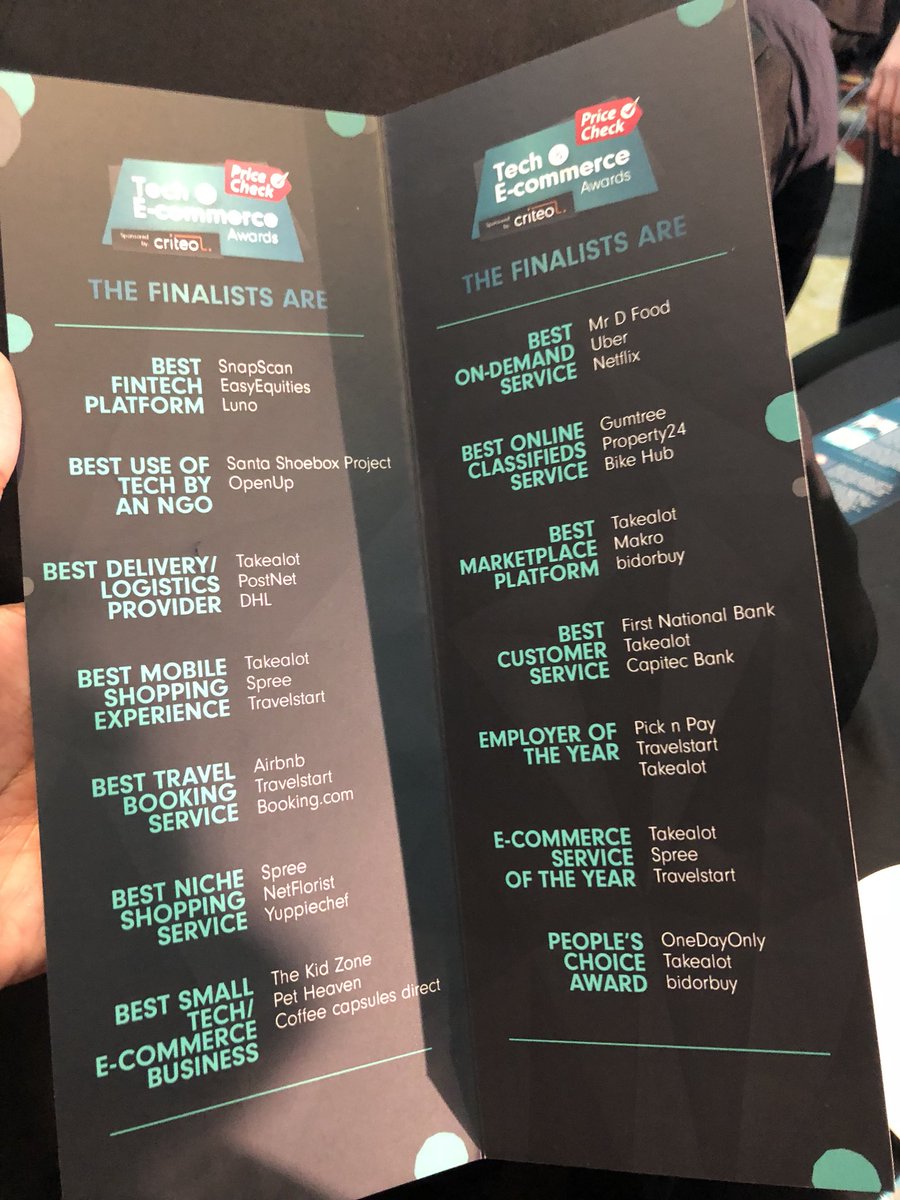 sboshmafu's tweet image. #TechAndeCommerceAwards The winners in each category: Luno, OpenUp, Takealot, Travelstart, Airbnb, Spree, Coffee capsule direct, Uber, Property24, Takealot, Capitec Bank, Pick n Pay, Takealot and Takealot