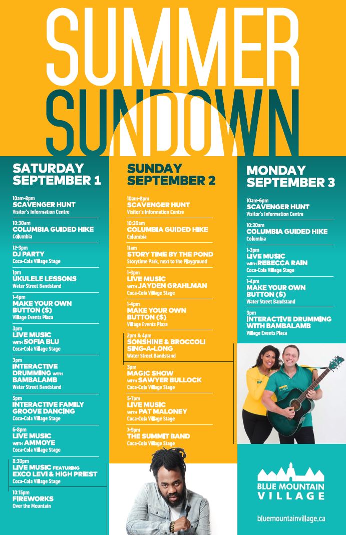 BlueMtnVillage's tweet photo. This weekend, celebrate and look back on an amazing summer with us at #SummerSundown! Bring the family and enjoy free activities like interactive dancing, ukulele lessons, Sonshine and Broccoli sing-a-longs, and live music with @Excolevi and @AmmoyesMusic! https://t.co/OGK4V5yejt https://t.co/XHei8w3Vsn