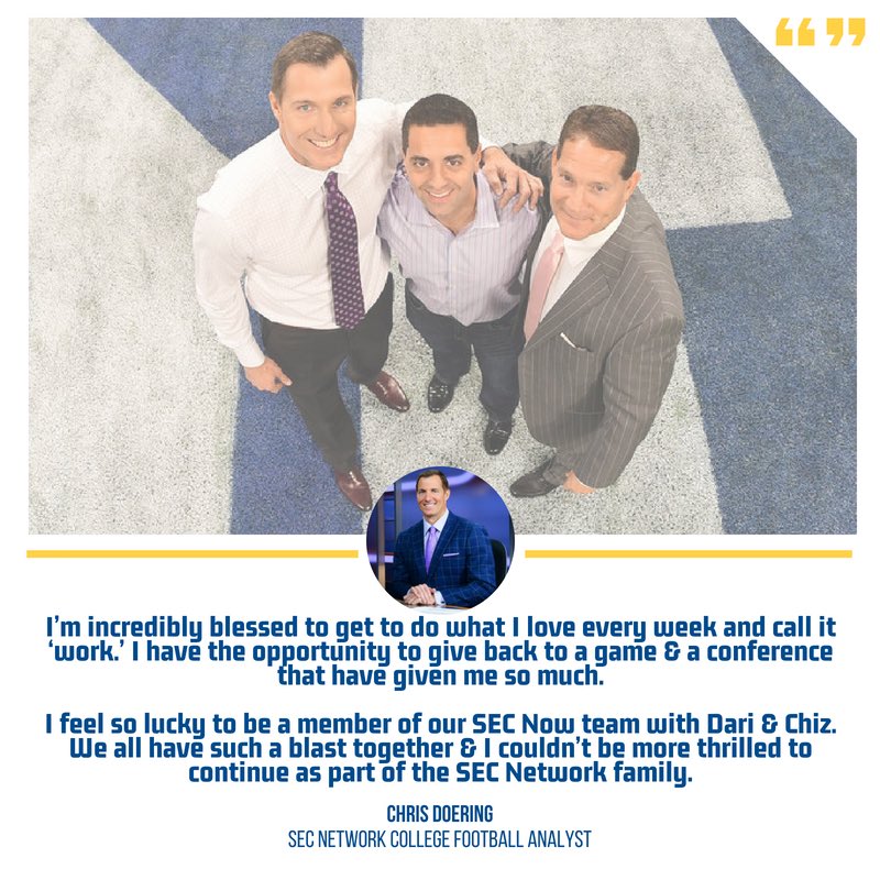 ChrisDoering's tweet image. Hard to believe I get to do something I love with people I love and call it “work”. Grateful to continue my affiliation with the @SEC, the greatest athletic conference in the country. Thank you to my entire team my entire team @SECNetwork. #SECFB @CoachGeneChizik @ESPNDari