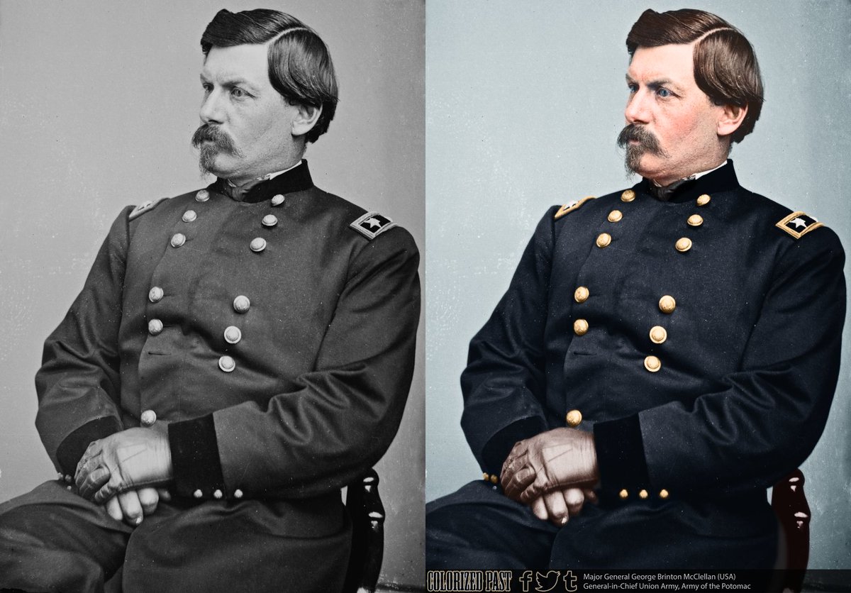 ColorizedPast's tweet image. George Brinton McClellan was born in @Philadelphia in 1826.

He was admitted to @WestPoint_USMA at age 16, two years below the minimum age requirement.  He graduated second in his class in 1846 falling to second because of poor drawing skills.
