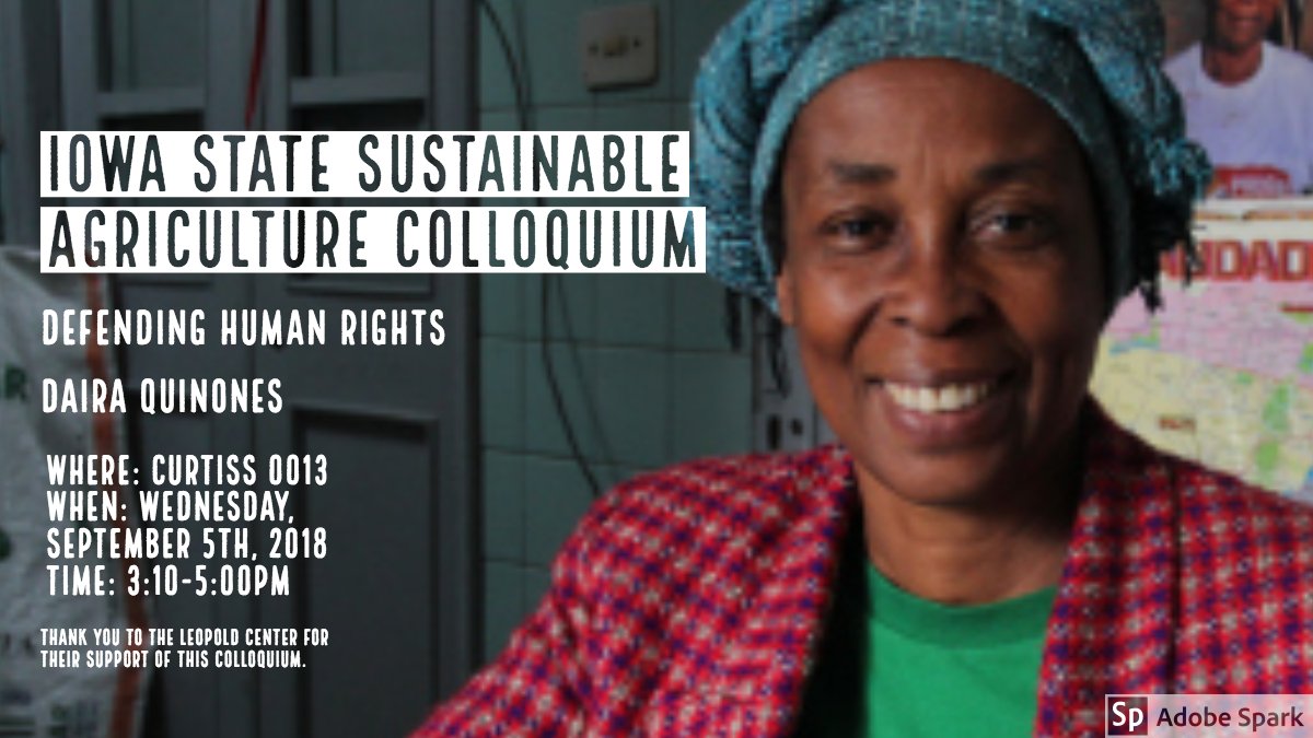 We are honored to have Daira Quinones' as next week's Colloquium guest. She is an advocate for human rights and ensures that women and children maintain a connection to the land and traditional foods through urban agriculture. All are welcome! Sept. 4th, 3:10-5:00. Curtiss 0013