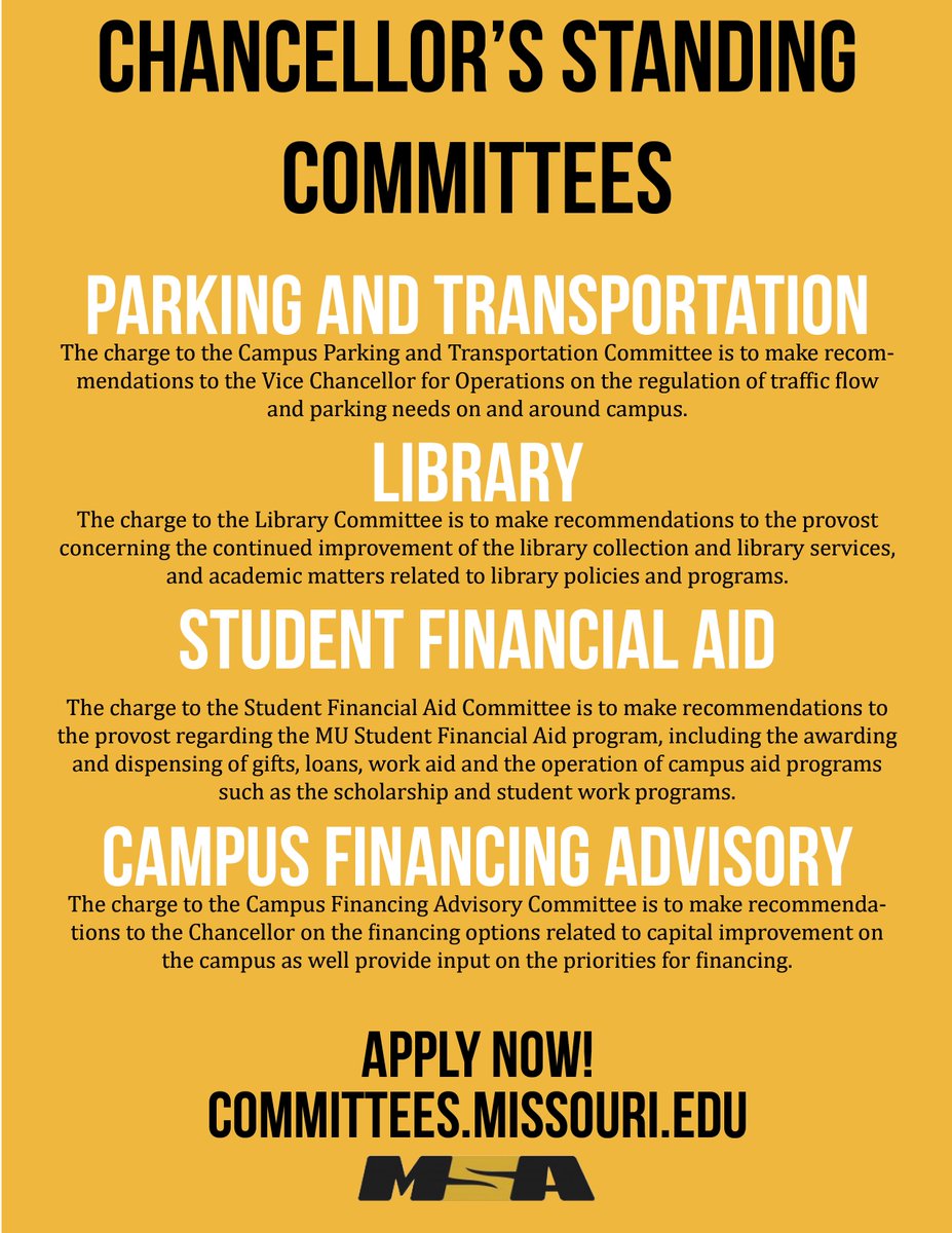Ok we just really love committees!!! Here are four more AWESOME ways to get involved! Click this link to apply: orgsync.com/104675/forms/3… 🐯