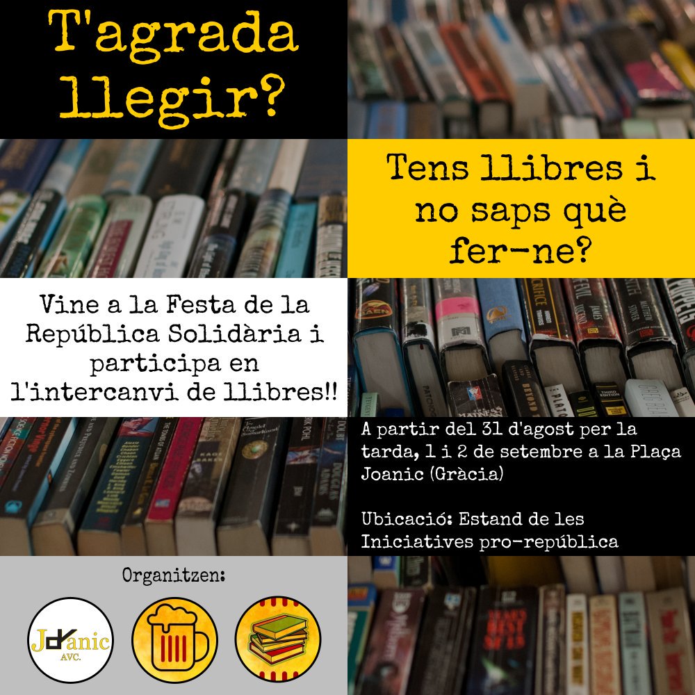📣ATENCIÓ📣

Menys de 24 hores perquè comenci la FESTA DE LA REPÚBLICA SOLIDÀRIA 🎗

Ja us heu apuntat a les activitats?? 😊

Unes jornades plenes de tertúlies🗣, jocs🎲, concerts🎤, menjars🌭 i solidaritat🙌!!

Vinga que ho tenim a tocar!!👏