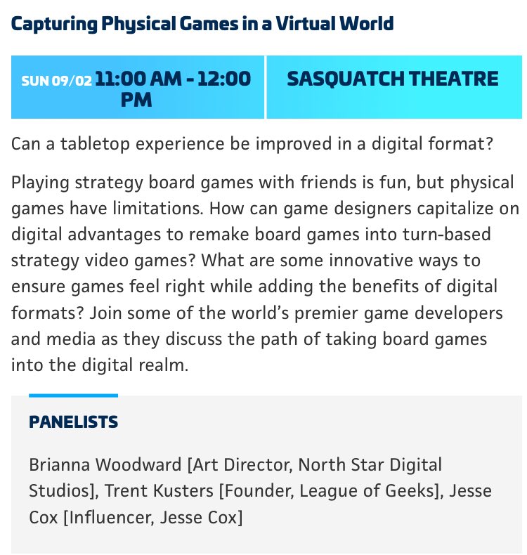 NSDigitalGames's tweet photo. How do you bring beloved board games into the digital era? Join @TrentKusters, @JesseCox, and our very own @metalbri and @maggiemay_prime for a discussion on this unique industry challenge. (11am in the Sasquatch Theatre!) #PAXWest2018 #panel #indiedev #videogames #boardgames https://t.co/El3yAio5We