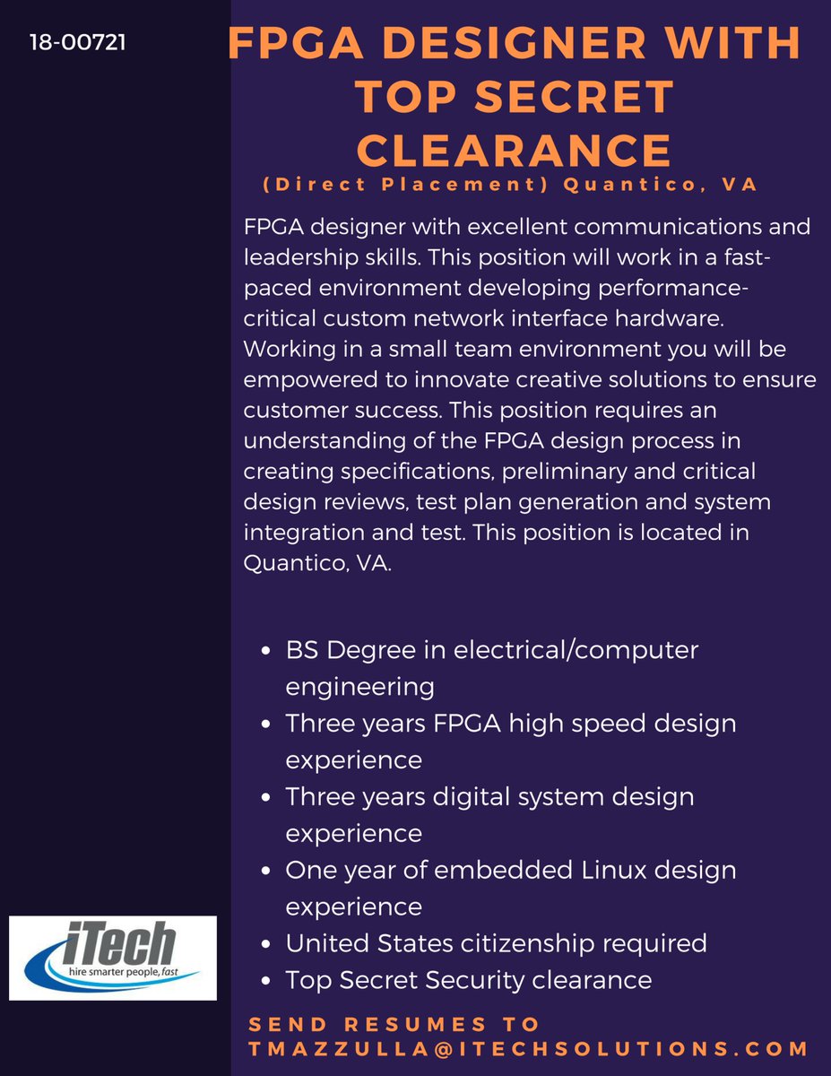 iTechSolutions_'s tweet image. We have an opening for a FPGA Designer with Top Secret Clearance for a Direct Placement opportunity in Quantico, VA. #FPGA #FPGAJobs #FPGADesigner ##FPGADesignerJobs #QuanticoJobs #QuanticoIT #ITjobs #HotJobs

buff.ly/2vwpfQX