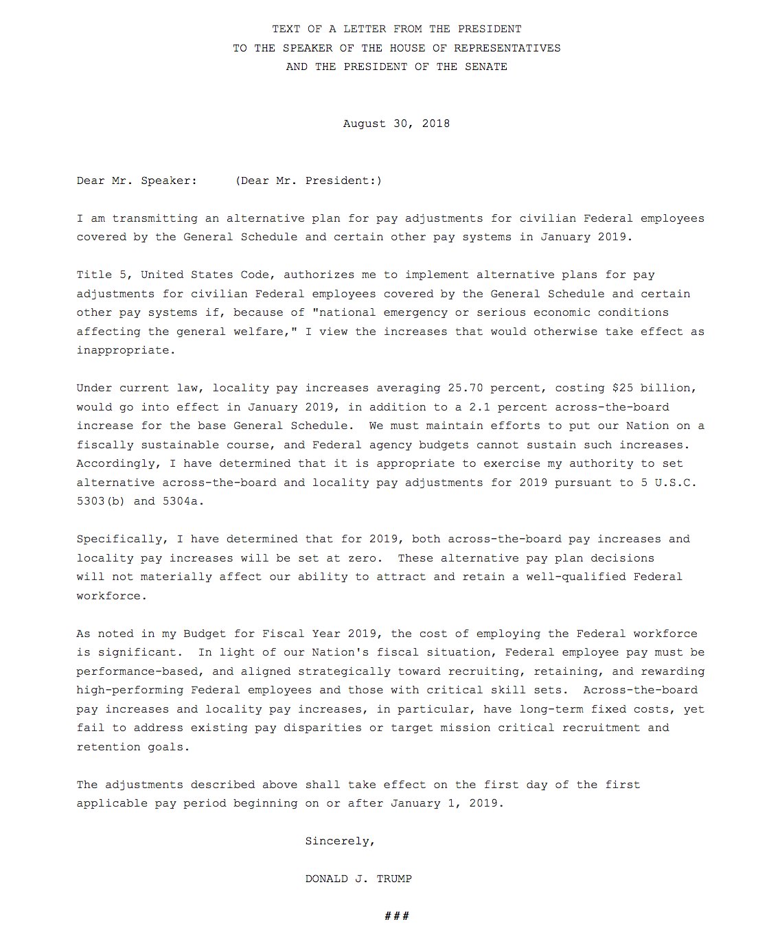 Sahil Kapur on Twitter: "NEWS: President Trump says he's eliminating a pay  raise for civilian federal employees slated for 2019 in order to "put our  Nation on a fiscally sustainable course." https://t.co/7wNAgoMdKX" /