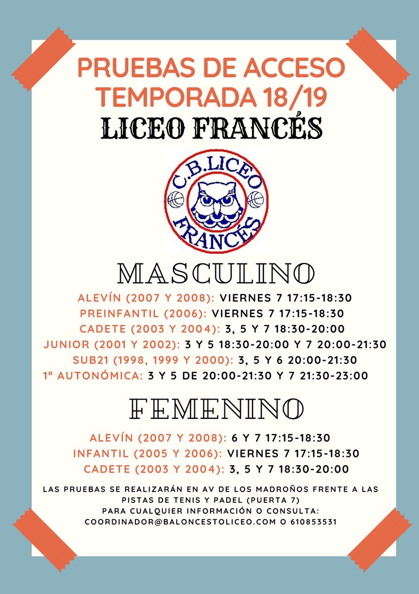 baloncestoliceo's tweet photo. La semana que viene empezamos con las pruebas de septiembre para la temporada 18/19. Si quieres jugar al Basket pásate por nuestros entrenamientos. Para cualquier pregunta o duda: coordinador@baloncestoliceo.com https://t.co/ONughCM7qJ